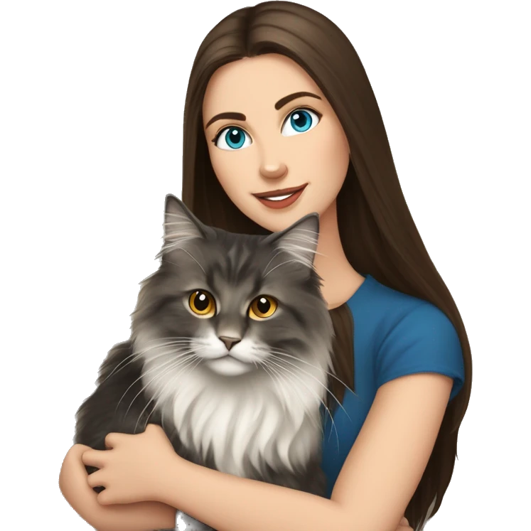 long straight haired blue eyed brunette woman holding norwegian forest cat with amber eyes emoji