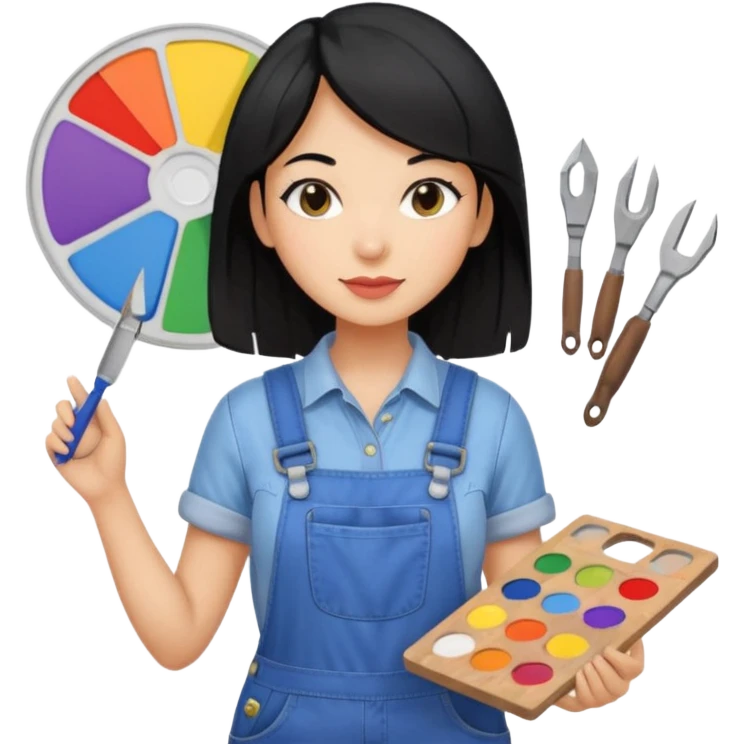 Créame emoji de una mujer que sea diseñadora industrial, pelo negra, piel morena, femenina con overol y una paleta de colores o herramientas de taller  emoji