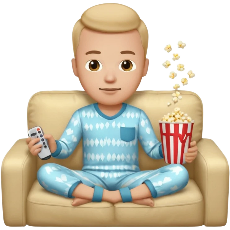 male memoji, in pajamas, sitting on couch, holding TV remote controller, relaxed face, casual home vibe, popcorn bucket on couch emoji
