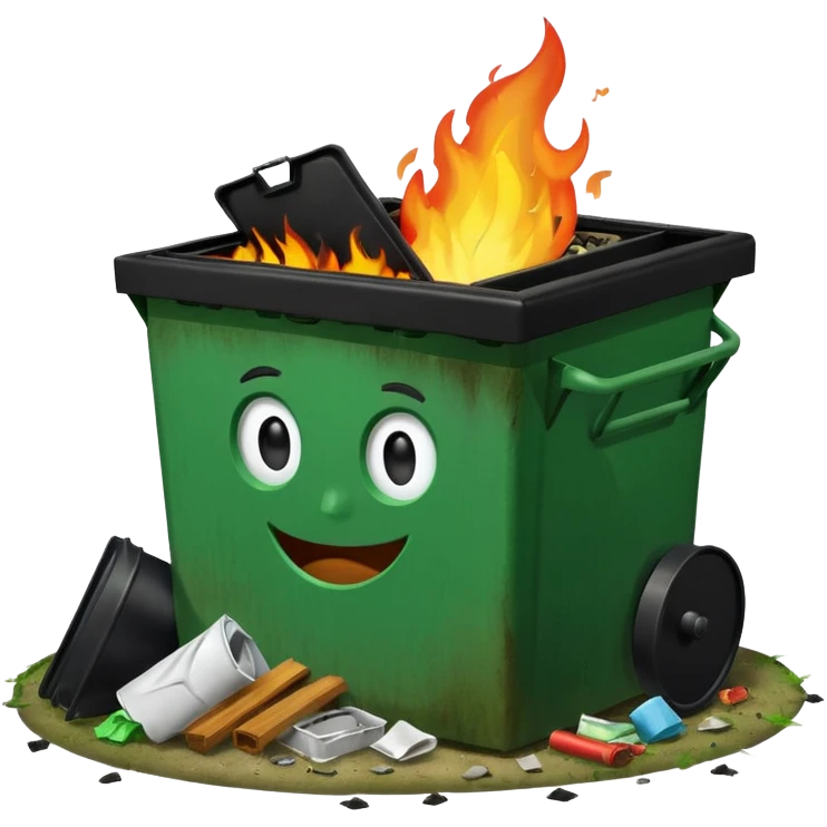 Green happy dumpster with an open black lid and a fire burning only inside it. there is litter and trash on the ground around it not burning emoji