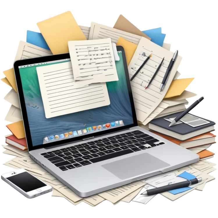 a MacBook, surrounded by messy papers, emphasizing disorganization emoji