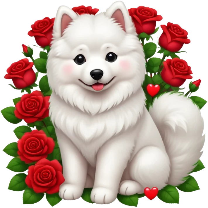 samoyed sitting surrounded by red roses and hearts emoji