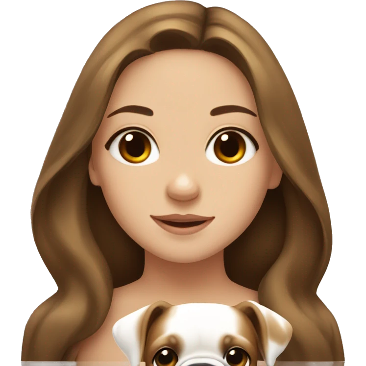 A cute girl with brown long hair and a white and beige bulldog emoji