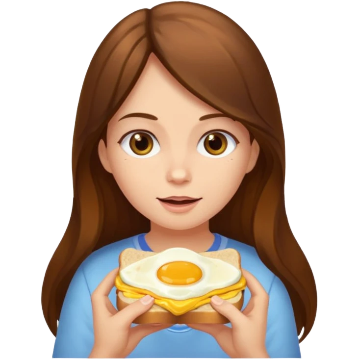 Girl with brown long hair eating egg sandwich emoji