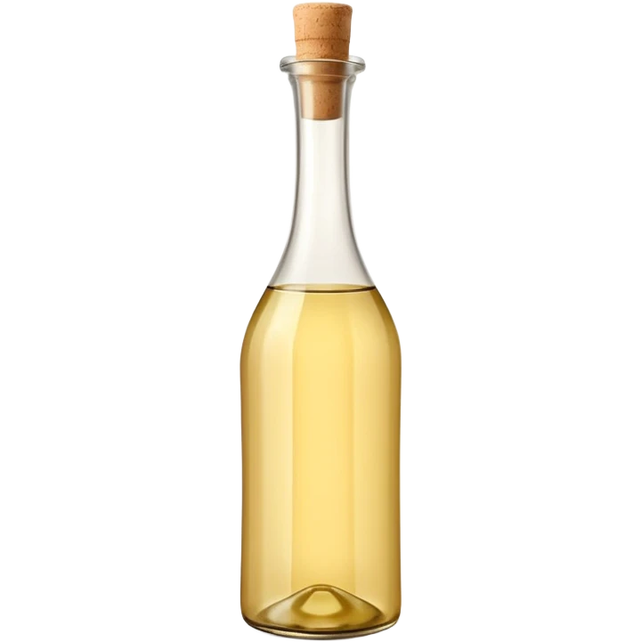 tall elegant glass bottle of pale golden white wine vinegar, smooth curves, narrow neck, light beige cork or cap, clear warm-tinted liquid visible, no label or garnish, soft lighting, emoji scale emoji