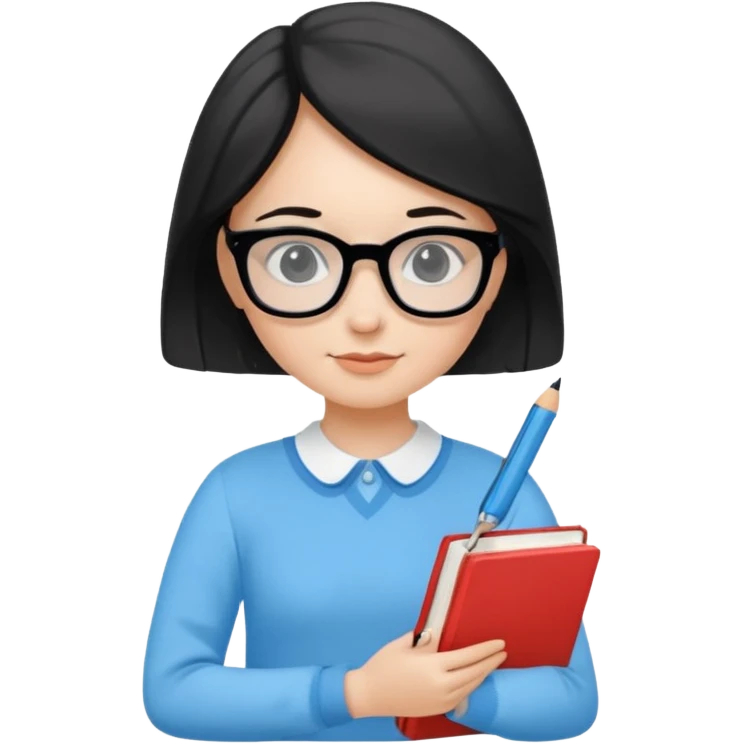 cute girl, glass, smart, Sky-blue colored clothing,
holding a book in one arm and a pen in the other hand.Holding a pen in the right hand as if teaching.Wearing black glasses, with a smart and bright-looking face. emoji