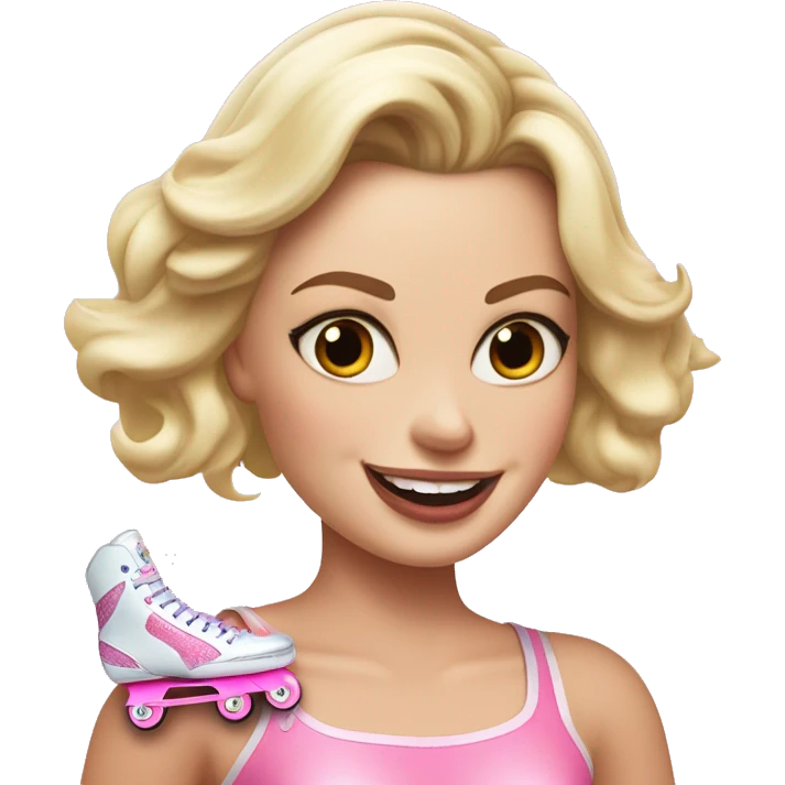 Margot Robbie roller skating with pink skates and pink ice scream in hand emoji