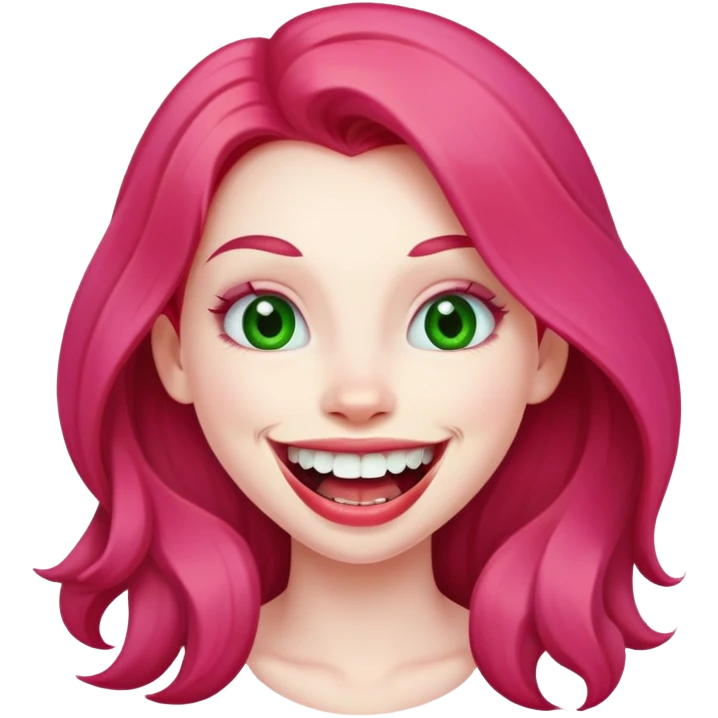 Young girl with pale skin, full pink lips smiling with big teeth, red long hair, big brown eyes with a hint of green, big mouth emoji