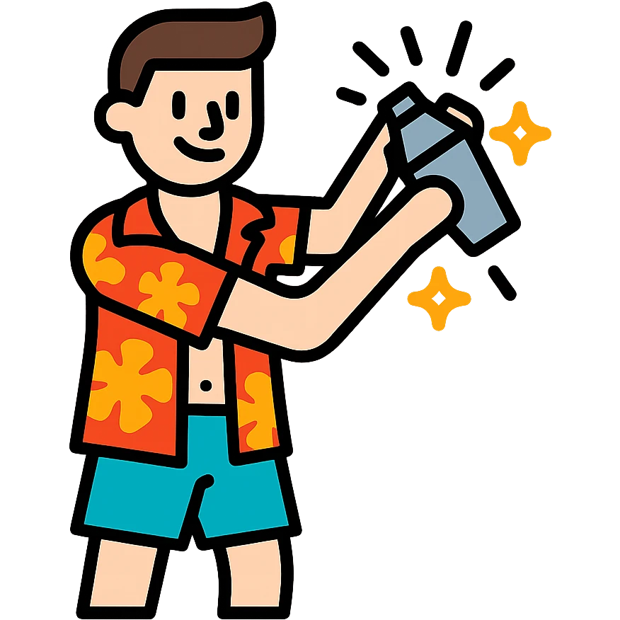human male Unbuttoned Hawaiian shirt, swim trunks, shaking a cocktail shaker (sparks flying) emoji