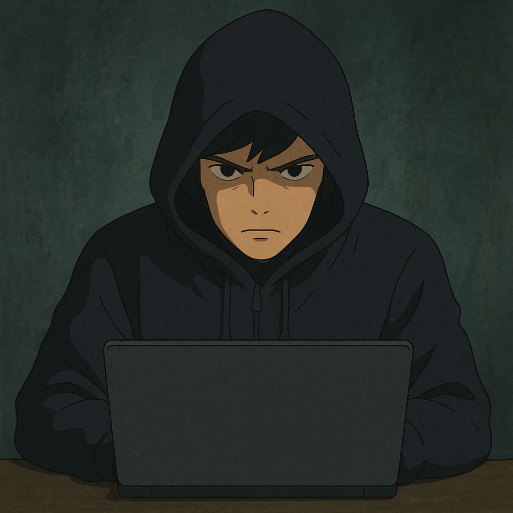 A vigilante hacker in dark clothing behind the labtop view from the front emoji