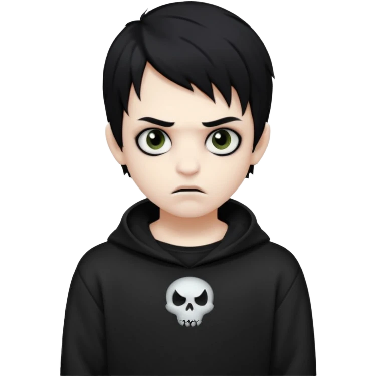 Vampire boy with the black emo hair, pale-white skin, black eyes, little fangs and dark circles under his eyes. He has serious face and he wear a black oversize sweatshot emoji