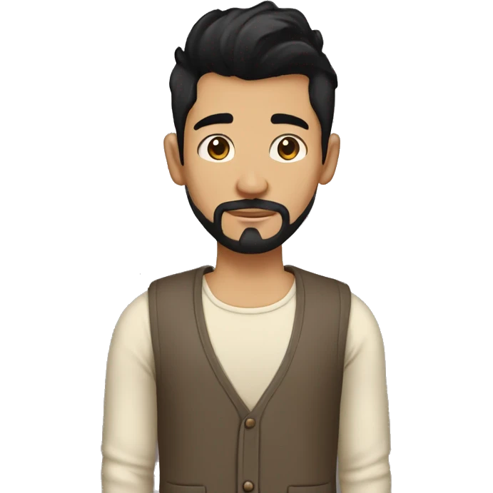 hipster guy with black slick hair, thick brown eyebrows, small beard in black shirt and cream cardigan emoji
