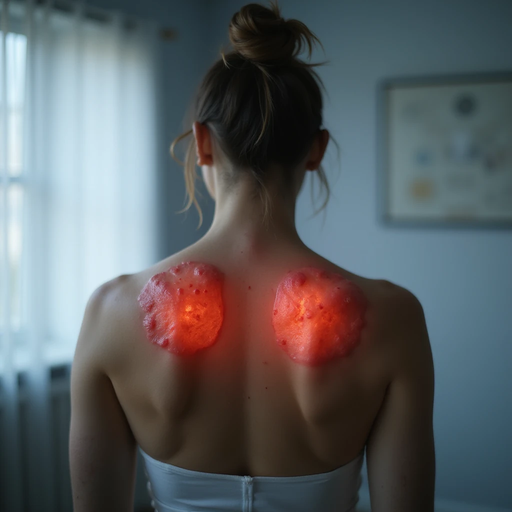 hyperrealistic 4K image of a woman seen from behind with inflamed shoulder blades, red and shiny skin between the shoulder blades, clinical environment, variant 3 with slightly changed shoulder position emoji