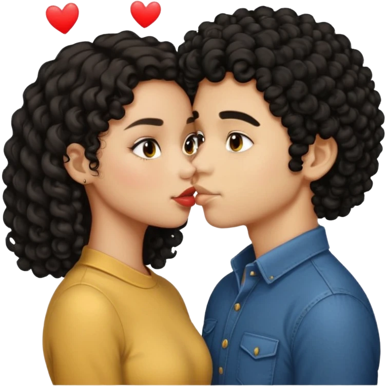 a light skin girl with medium black curly hair and a light brown boy with medium length black hair kissing emoji emoji