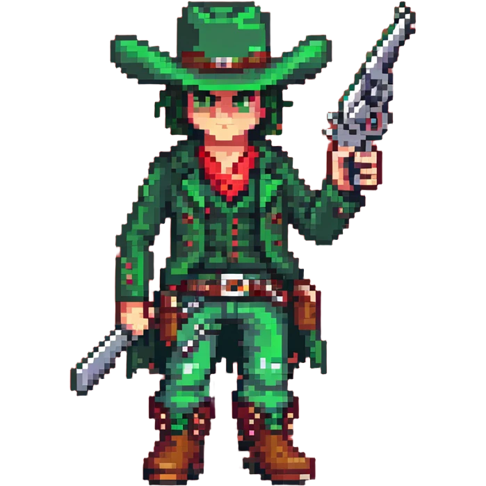 Green-clad cowboy character with revolver gun and boots emoji