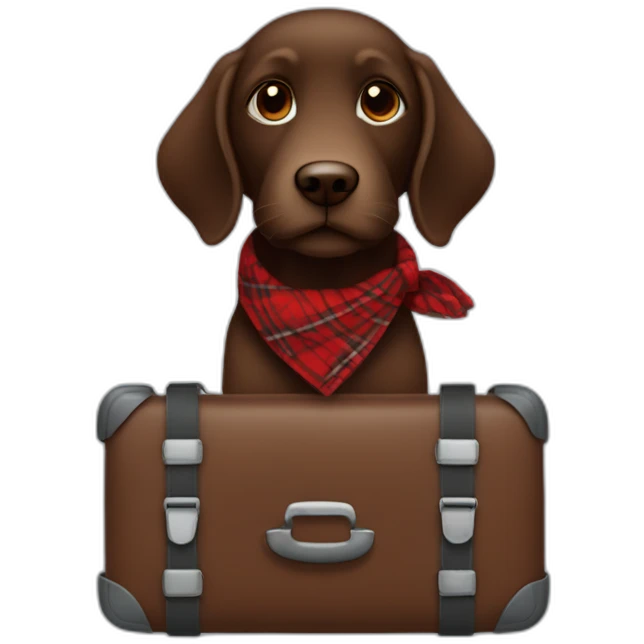 Chocolate colored doodle wearing a red and black flannel handkerchief with a carryon suitcase emoji