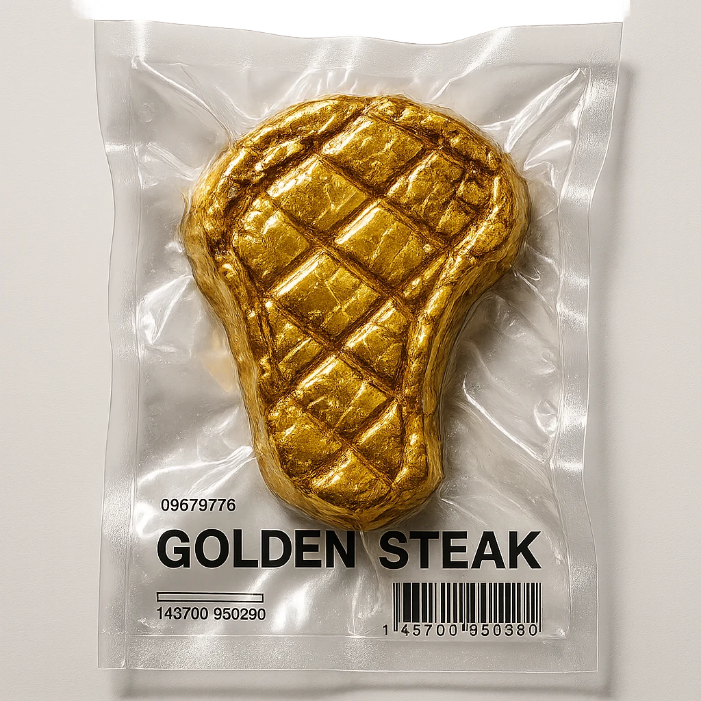 golden steak with diamond-like shine, very glossy emoji