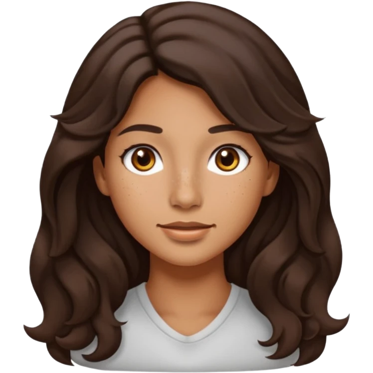 A woman with a medium tan skin tone, long wavy dark brown hair, and black eyes. She has very light, barely visible freckles across her nose and cheeks. Her features are soft and natural. Portrait in emoji style, showing her from the shoulders up. emoji