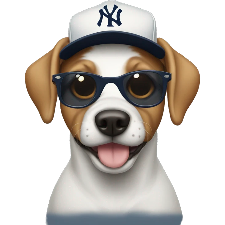 Dog wearing sunglasses and a Yankees hat emoji