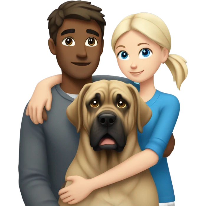 Brunette blue eye man and blonde blue eye girl hugging an English mastiff dog emoji