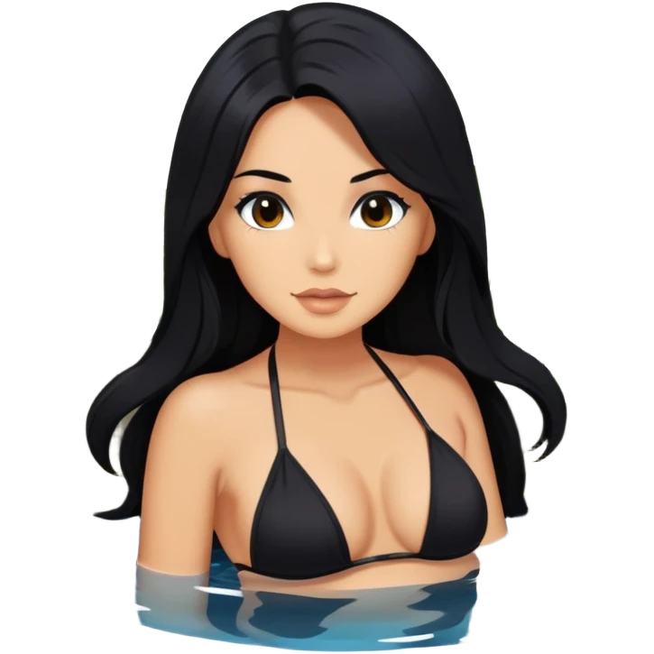 long black hair tanned woman, black bikini, in koi pond, hot  emoji