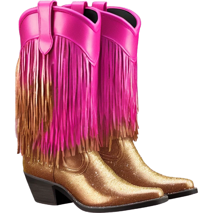 Realistic hot pink to bronze ombre pair of fashion cowgirl boots with sparkly shiny glitter fringe on them. emoji