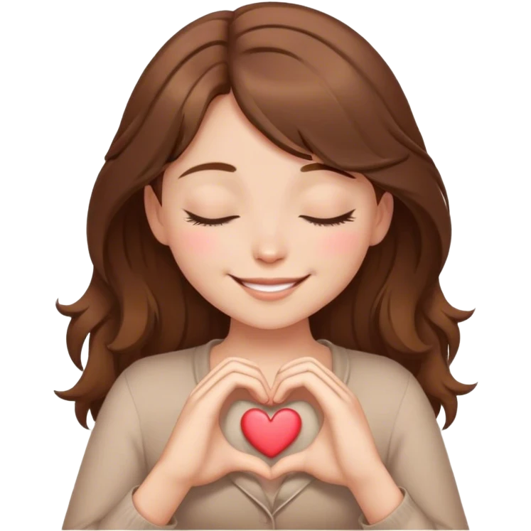 brown hair girl closed eyes smiling making heart from her hands  emoji