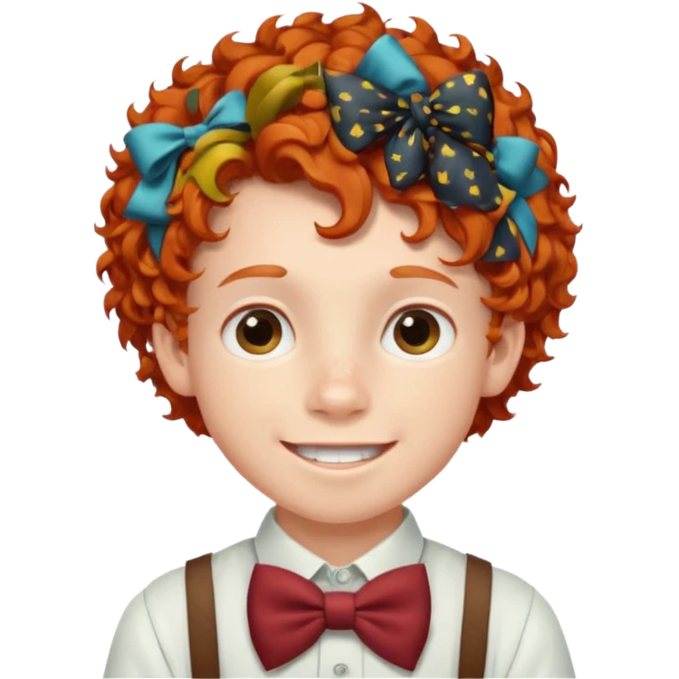 redhead kid with unique face features and very curly hair kid boy happy and braces on teeth, wearing a bow on head emoji