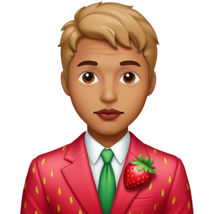 Mn wearing strawberry suit with a sultry look and lip bite emoji