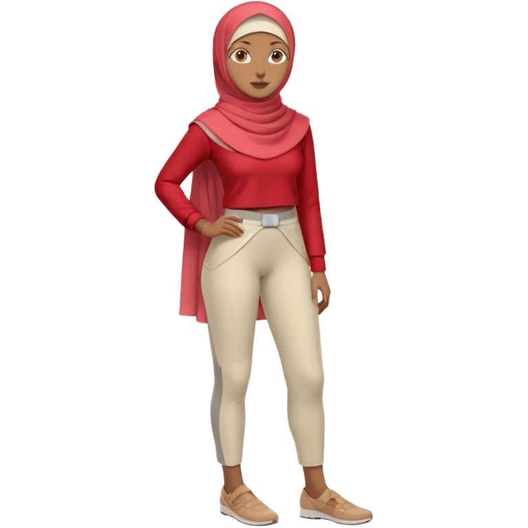 woman with medium-brown skin wearing a light red hijab, cream top, light red pants, tan shoes, and a visible gray below-knee hook-shaped prosthetic leg. Standing confidently with one hand on her hip emoji