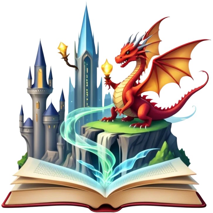 Icon for Fantasy and Science Fiction: a magical book with glowing pages, surrounded by a dragon, a spaceship, a wizard’s staff and a futuristic cityscape. The icon should capture the adventure, magic, and imagination of fantasy and sci-fi worlds. Transparent background. emoji