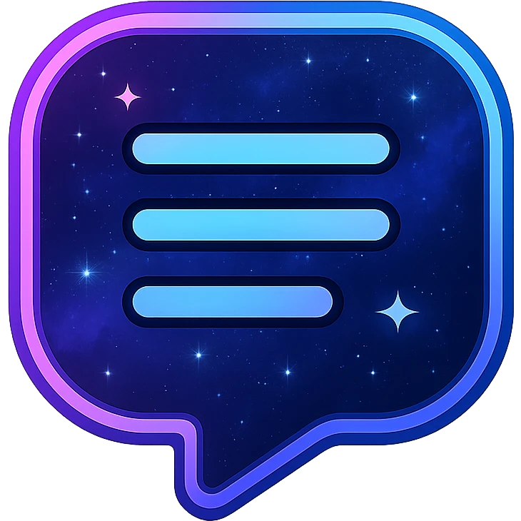 lyrics icon, modern clean abstract lyrics symbol with neon border and glowing effect, dark purples blues blacks base, nebula gradients, small bright stars, specular highlights, luminous look emoji