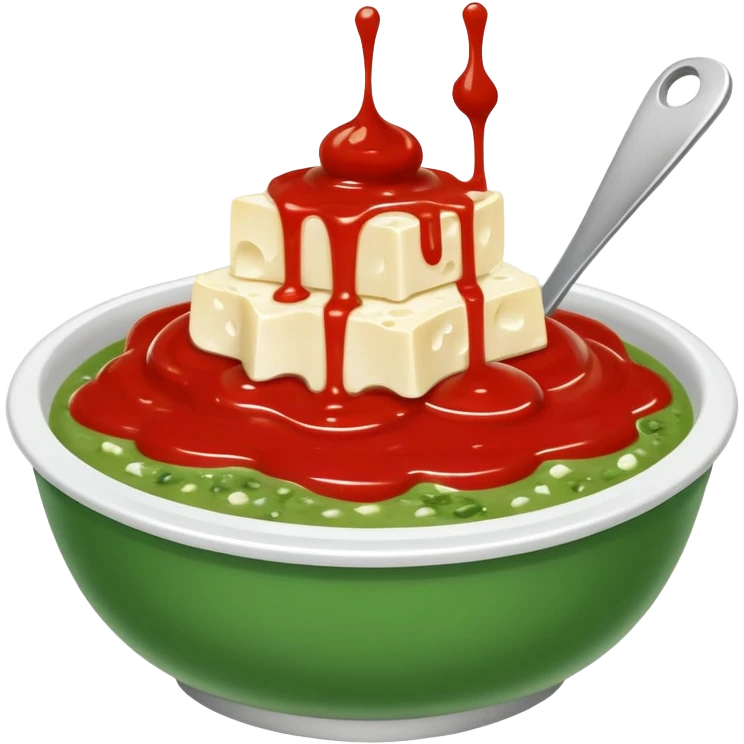 Cuenco de gofio con queso blanco por encima y salsa roja y salsa verde por encima  emoji