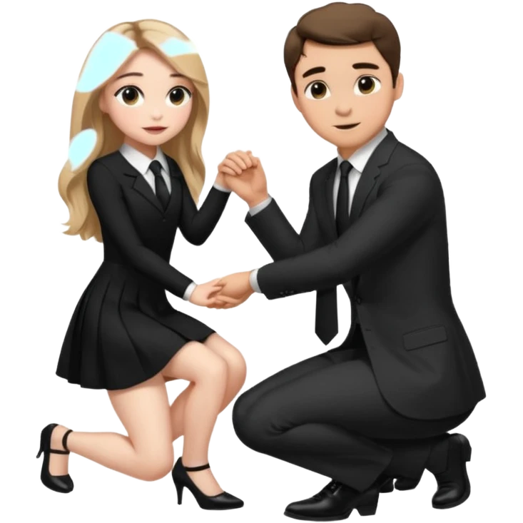  Sabrina carpenter kneeling down wearing a black dress with a tie, putting her hand on man’s leg who is standing  emoji