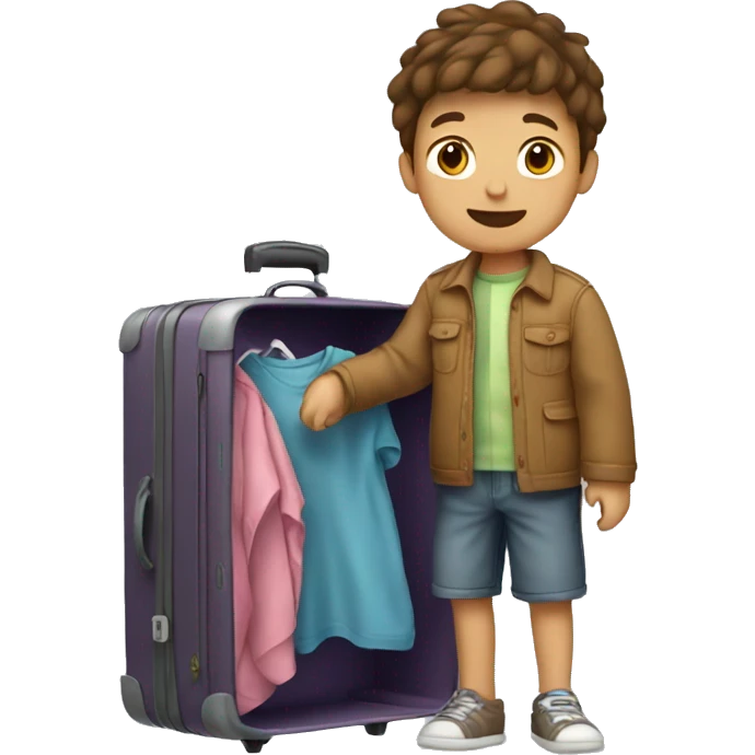 Boy with brown hair unpacking a suitcase with clothes inside emoji