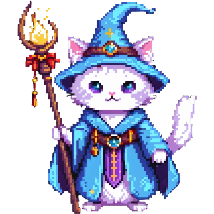A cat wizard casting a spell with magical staff and flowing robes emoji