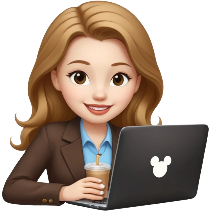 Women in front of one laptop that has a Mickey sticker on it, with a happy face, face a little fuller, lips plump, full eyebrows, long light brown hair, light brown big eyes, light pale skin with a iced coffee on the side, business attire, typing emoji