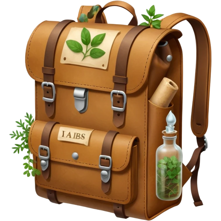 A sturdy, weathered leather backpack with metal-reinforced flaps. A rolled parchment and fresh herbs stick out from its pockets, while a small corked bottle rests at the front. It looks practical, rugged, and ready for any journey. emoji