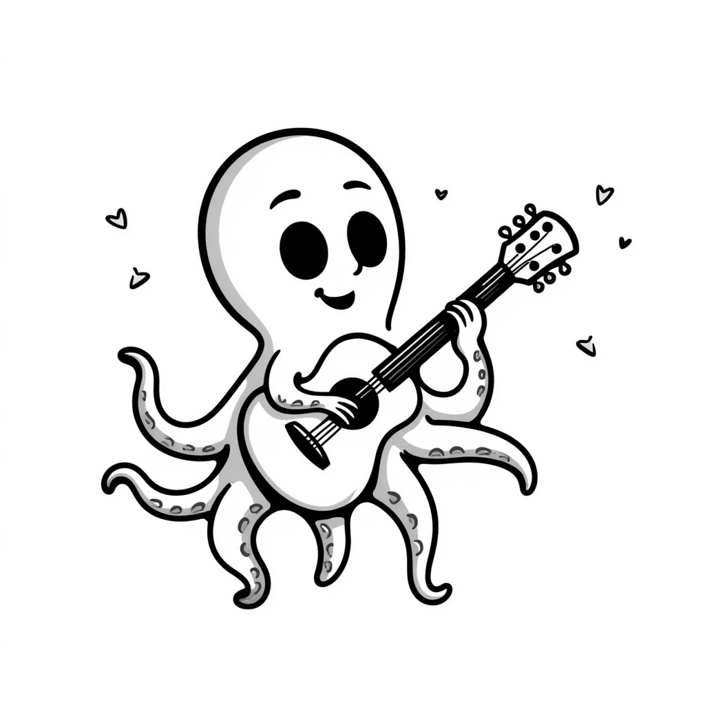 happy octopus with multiple arms playing guitar emoji