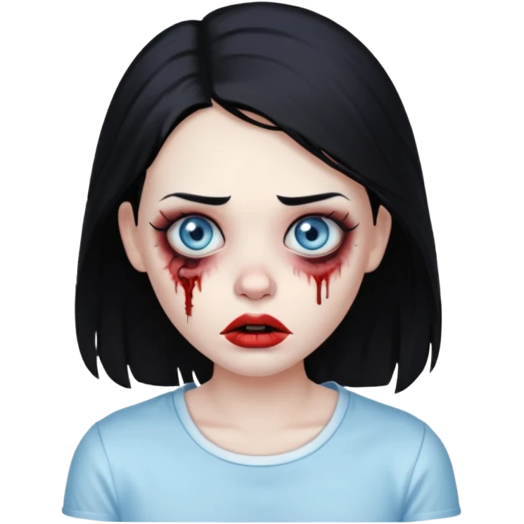 zombie girl with black hair and white shirt light blue eyes , big lips, small nose,  emoji