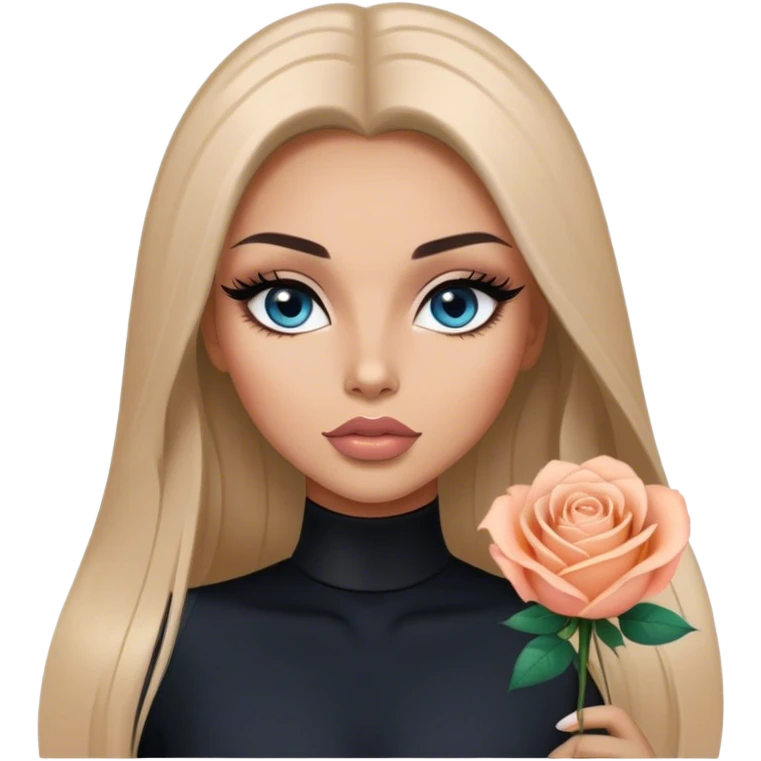Glamours, tanned, very beautiful girl, with big pump peach-beige-rose lips, long long lashes, black straight smooth silky long hair, straight parting hair, blue-grey eyes in black clothes emoji