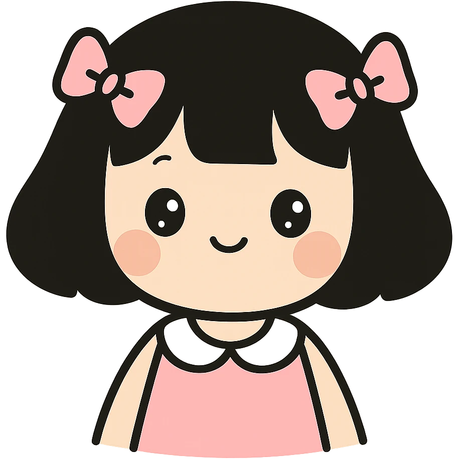cute girl with black chanel haircut, pink bows in hair, coquette style emoji