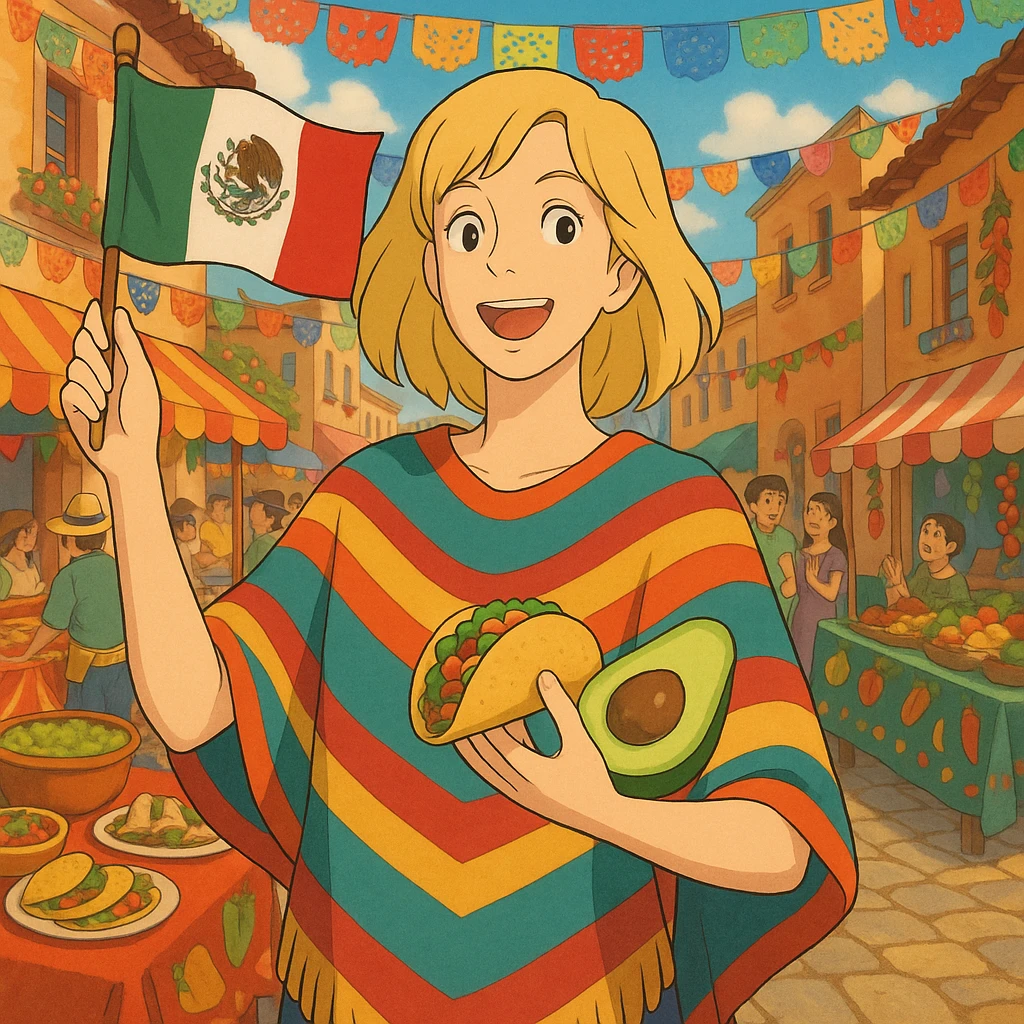 ghibli style cartoon of a tall blonde woman in a colorful poncho, smiling, holding a taco and avocado, waving a Mexico flag, festive street party background with food and decorations emoji