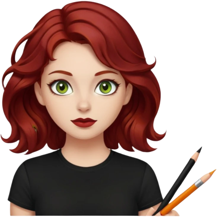 a pretty FAIR bratz girl with wavy dark red hair, wearing a black tee. eyeliner on, olive green eyes.  emoji