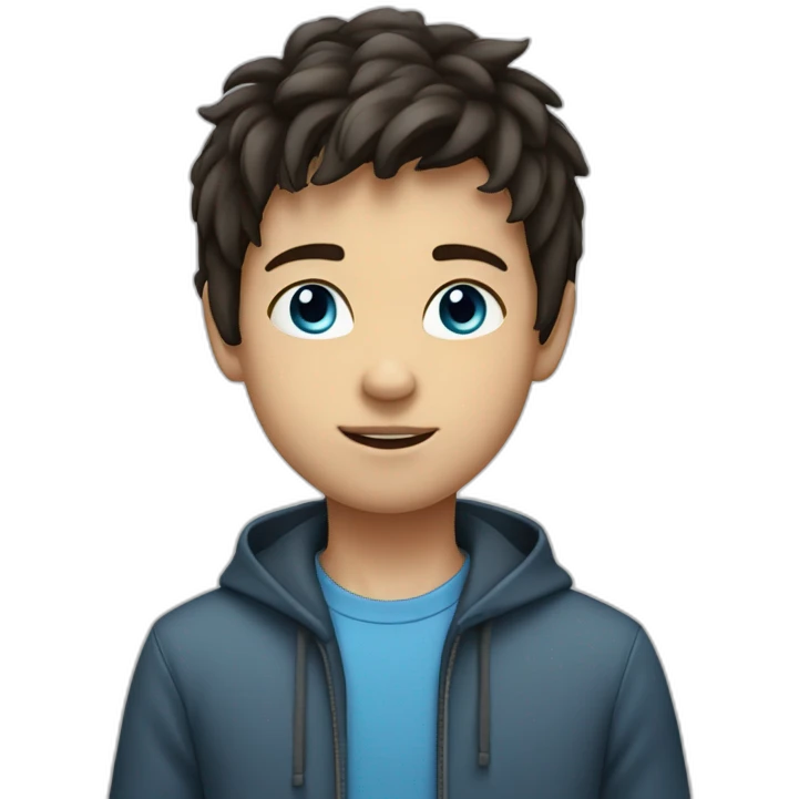 young boy with dark staight hair, blue eyes and computer emoji