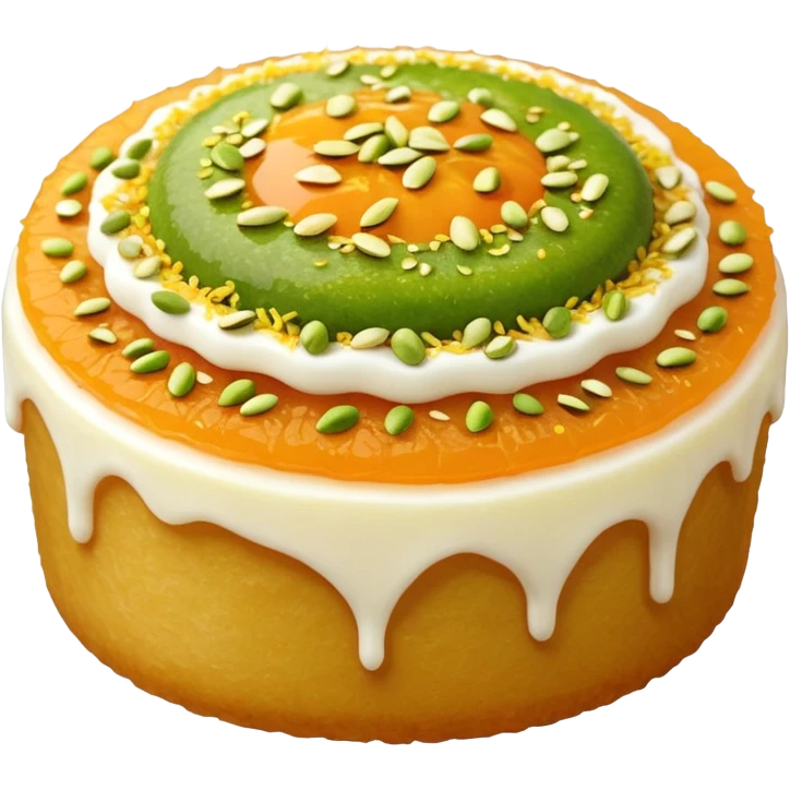 A small round emoji of traditional kanafeh with golden-orange crispy threads, a gooey white cheese center, and a light sprinkle of green pistachios. Warm and delicious-looking. emoji