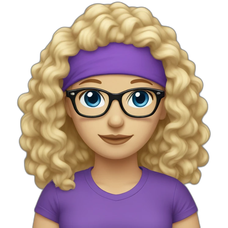 caucasian curly blonde long haired blue eyes woman purple t-shirt black glasses emoji