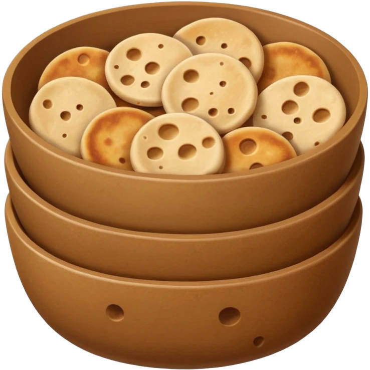 A flat, emoji-style illustration of a warm brown bowl filled with stacked round rotis (Indian flatbreads), slightly toasted with light brown spots. Soft rounded shapes, minimal details, subtle highlights, no outlines, centered composition, transparent background, modern app emoji style. emoji