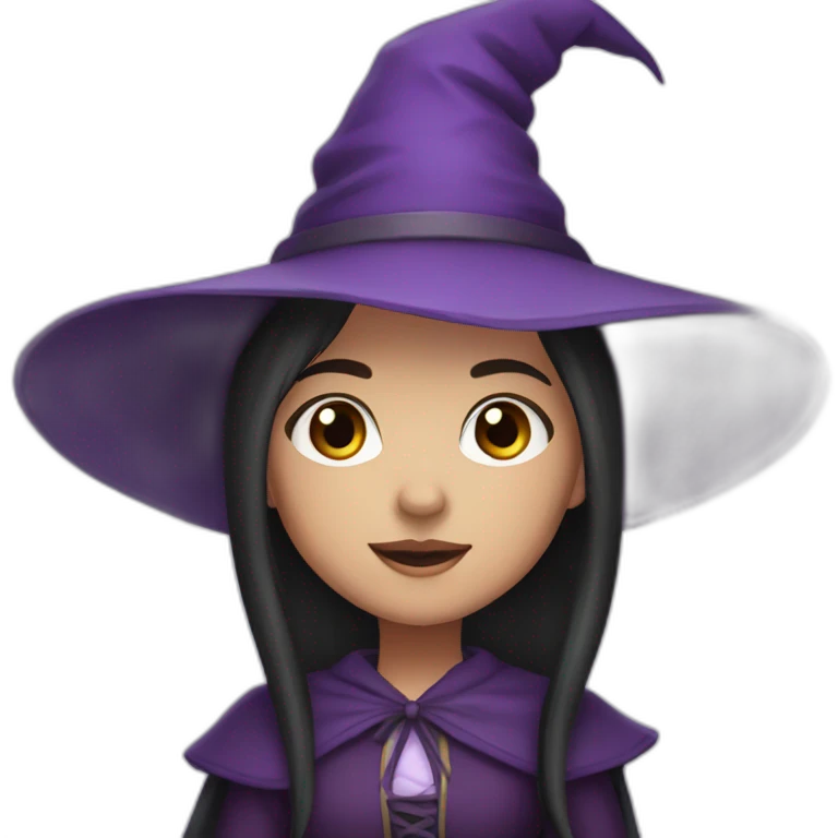 a young white brown thin girl with straight dark hair dressed as a purple witch emoji
