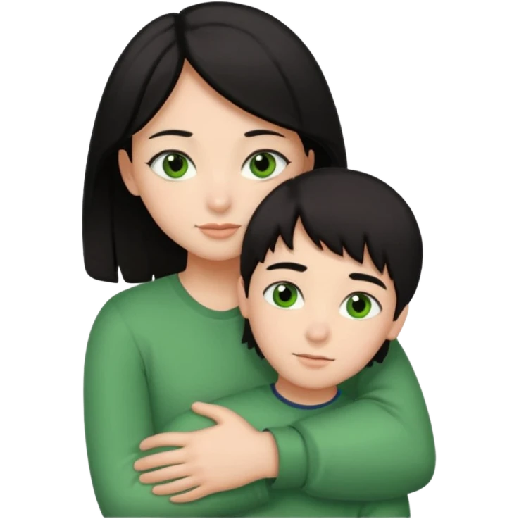 Girl with brown eyes and black hair hugging a boy with green eyes and brown hair emoji